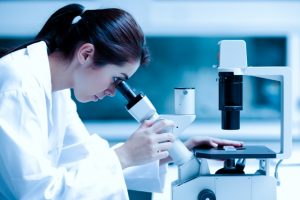 Scientist using a microscope in a laboratory